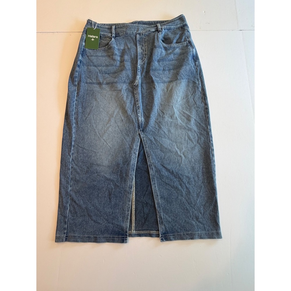 Halara Denim Midi Skirt Blue‎ Medium Wash Front Slit Stretch Size Large NWT